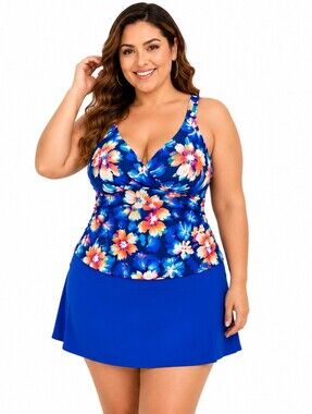 DACI Floral and Royal Blue Tankini with Skirted Swim Bottom PLUS SIZE 20W NWT